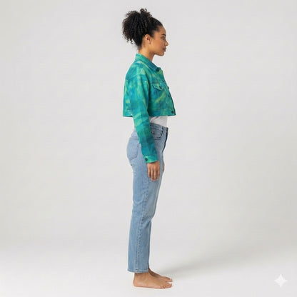 Cropped Jean Cotton Jacket Turquoise Watercolors