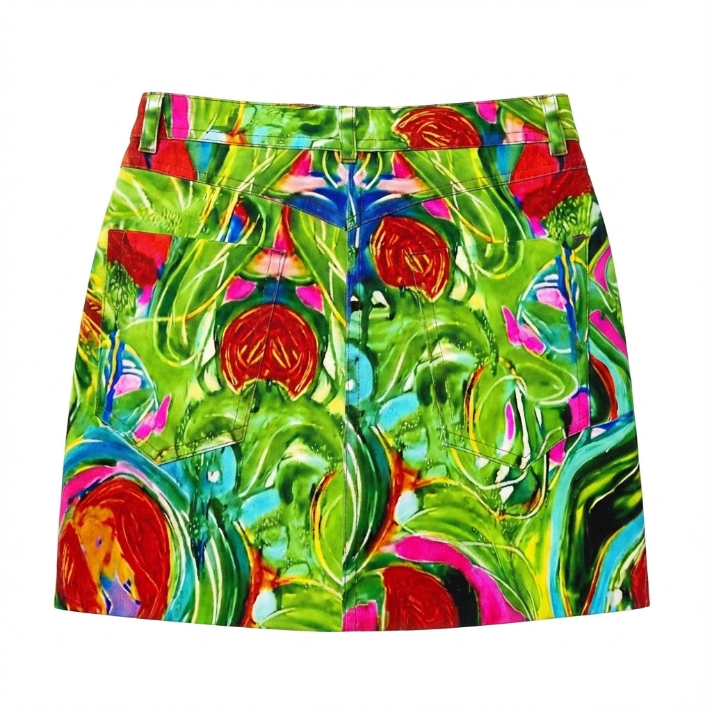 Denim Mini Skirt in Abstract Watercolor Print