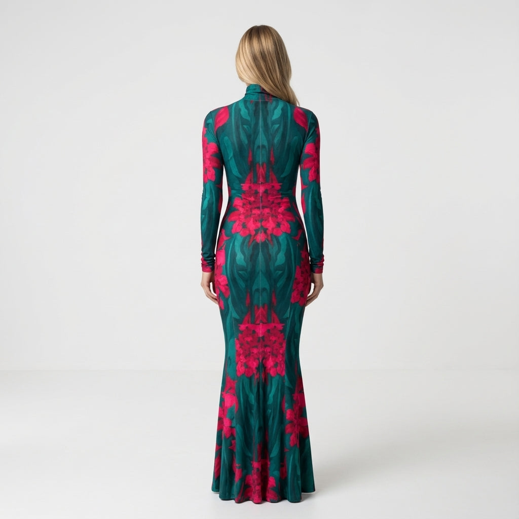 Sarong Maxi Turtleneck Body Con Dress Pink Flowers