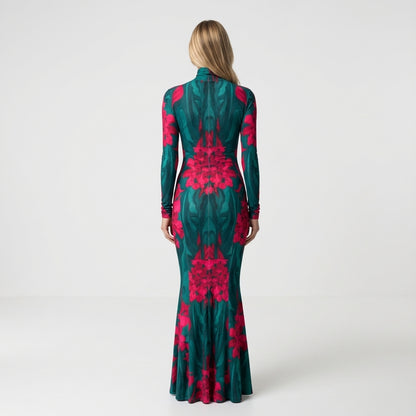 Sarong Maxi Turtleneck Body Con Dress Pink Flowers