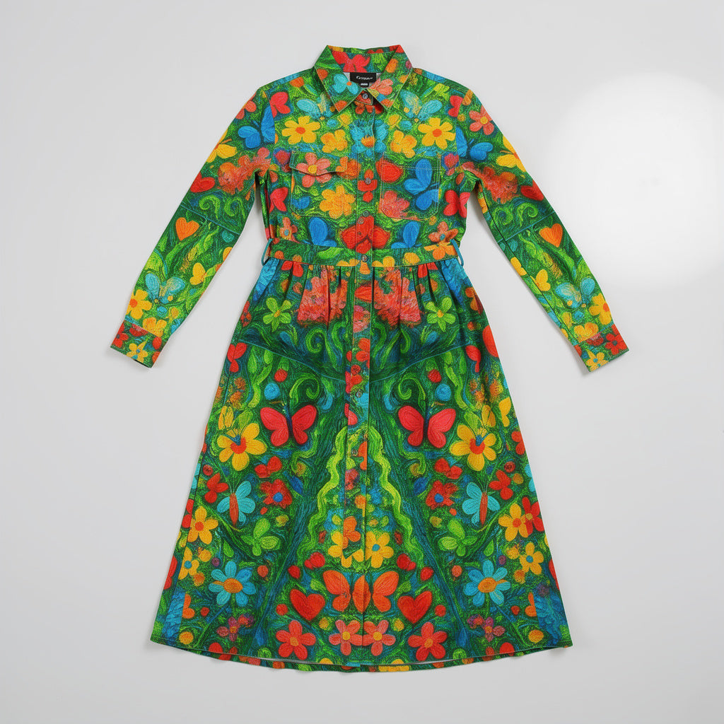 Button Front Shirt Dress Butterfly Flowers