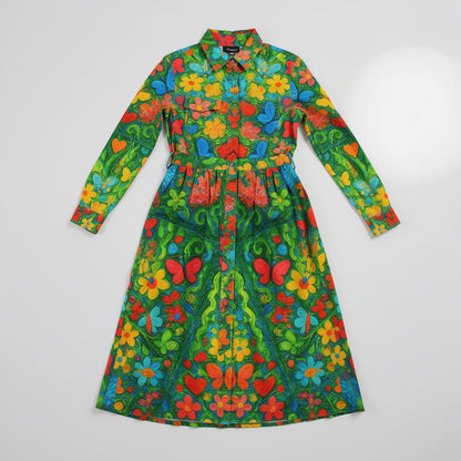 Button Front Shirt Dress Butterfly Flowers