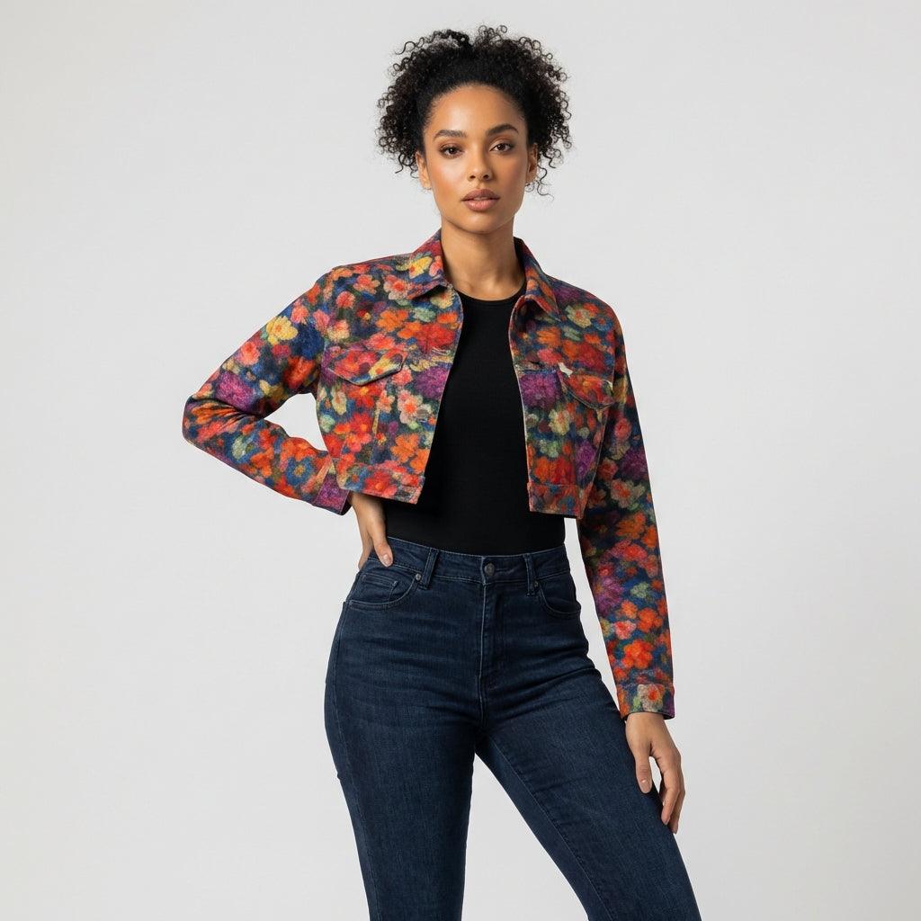 Cropped Jean Cotton Jacket Red Flower Bed