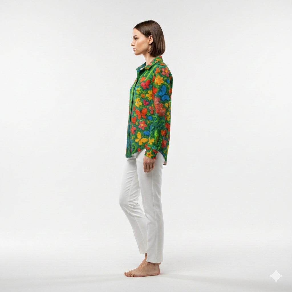 Button Front Shirt Butterfly Flowers