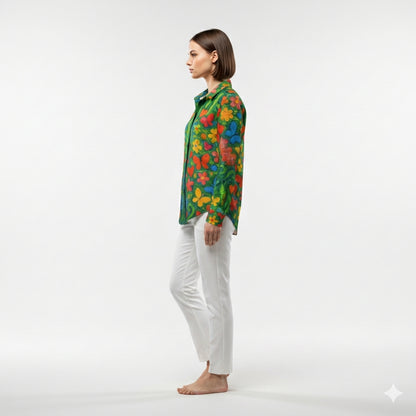 Button Front Shirt Butterfly Flowers