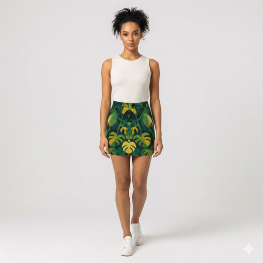 Denim Mini Skirt Green Leaves