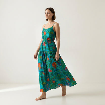 Maxi Dress with Waist Tie Floral Swamp