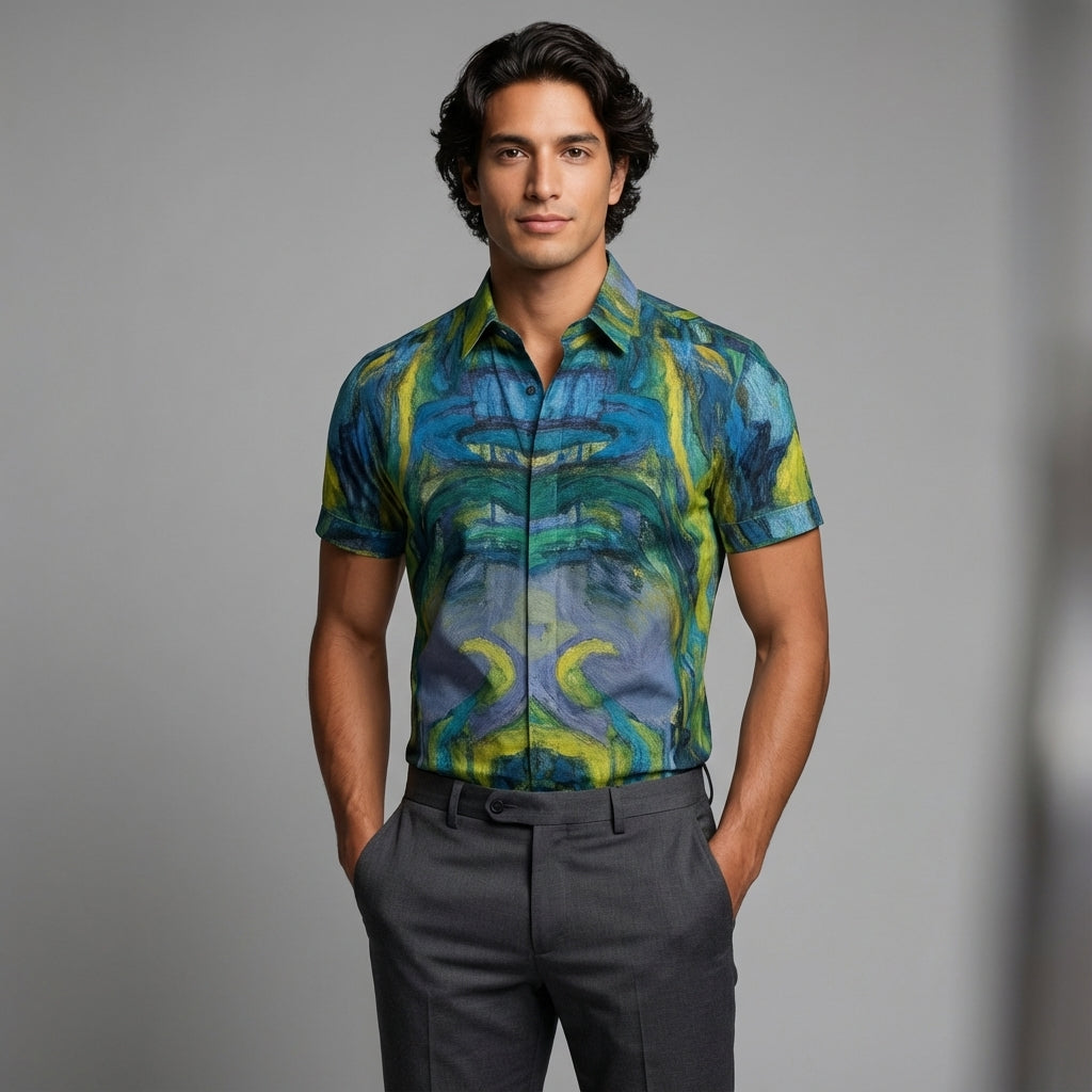 Short Sleeve Dress Shirt Blue Jungle