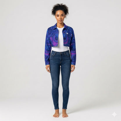 Cropped Jean Cotton Jacket Blue Peacock Feather