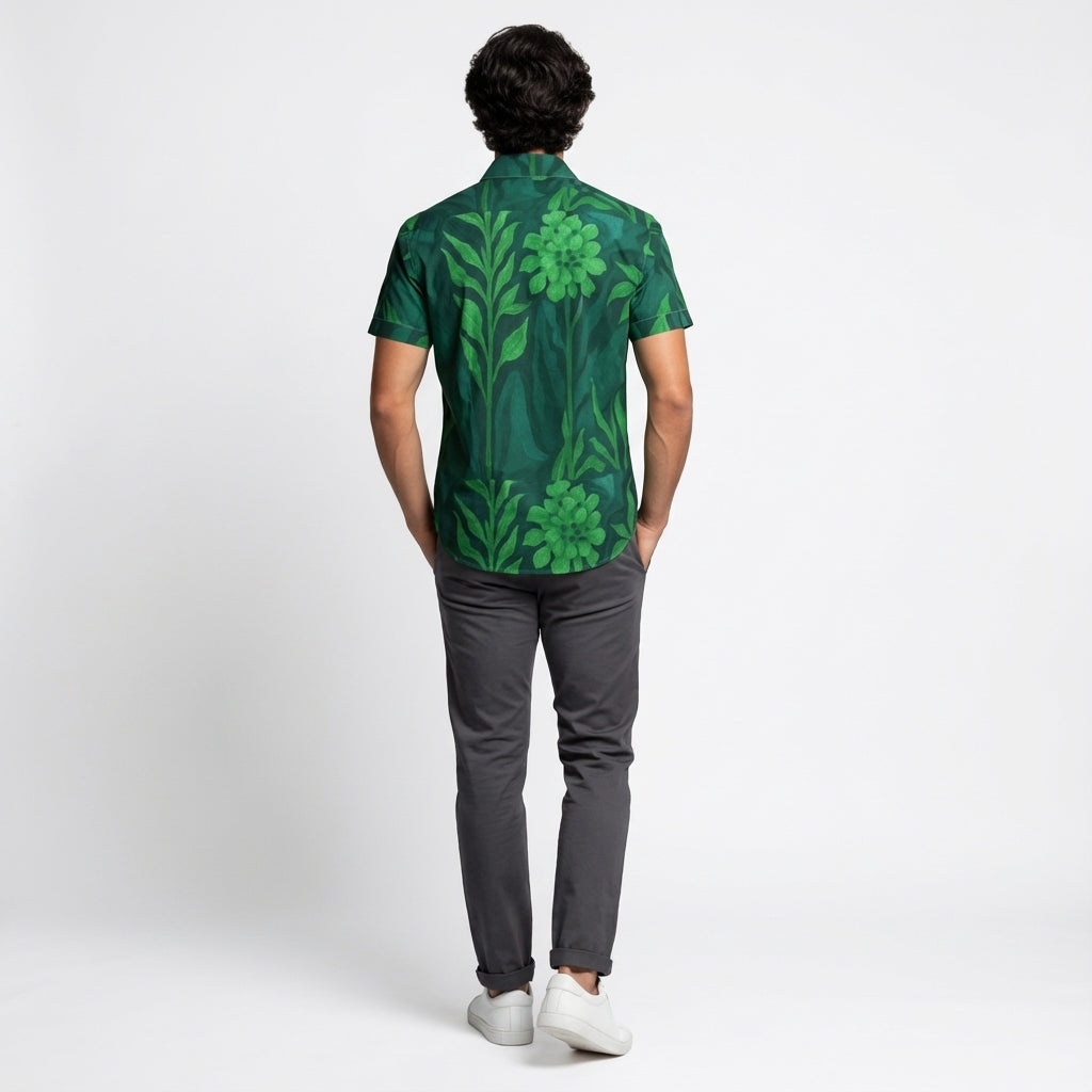 Men's Dress Shirt Green Flowers - Short Sleeve