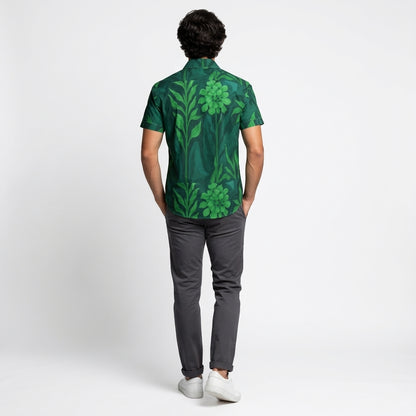 Men's Dress Shirt Green Flowers - Short Sleeve