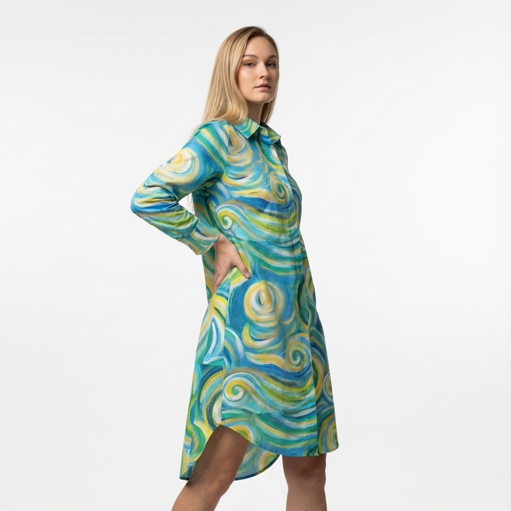  Long Sleeve Shirt Dress Sea Swirls