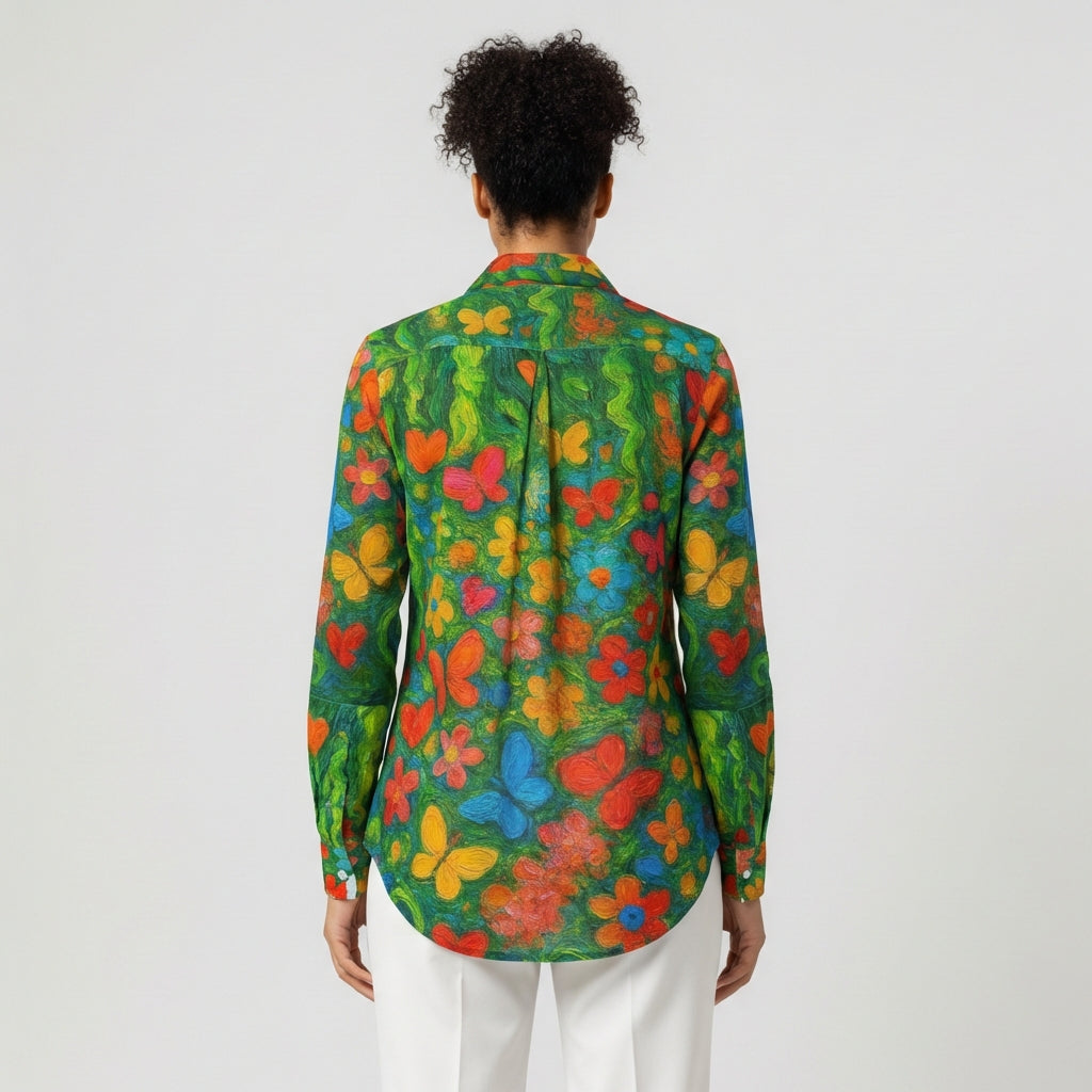 Button Front Shirt Butterfly Flowers