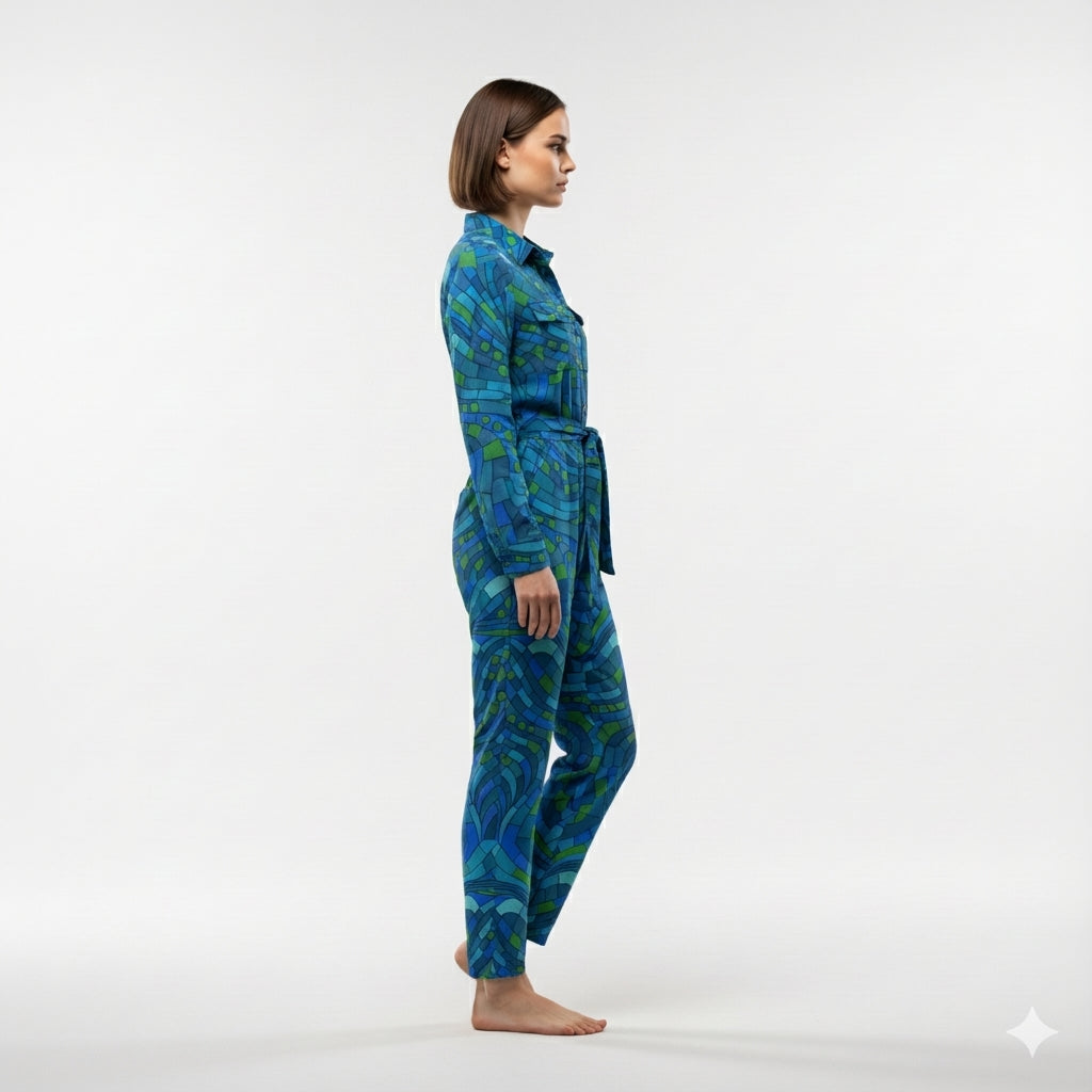 Lightweight Button Front Jumpsuit Mosaic 10