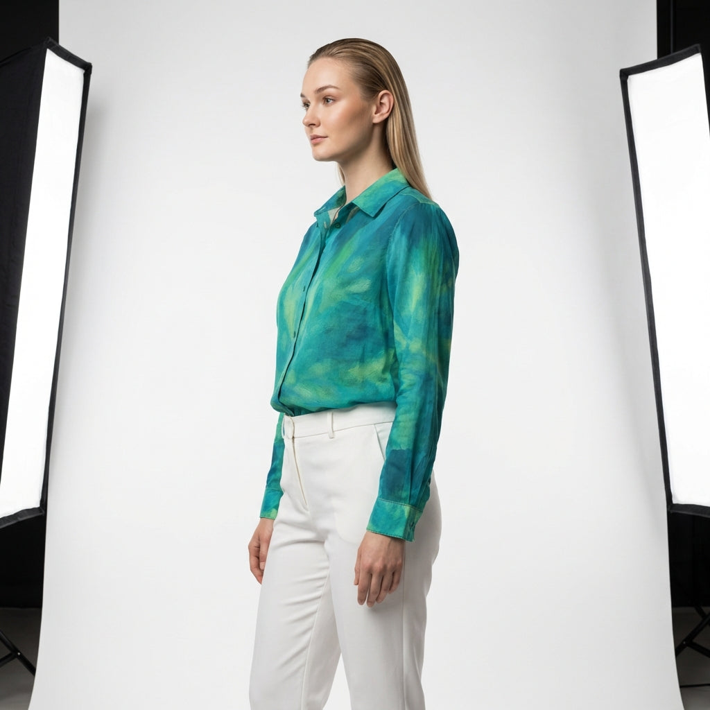 Button Front Shirt Turquoise Watercolors