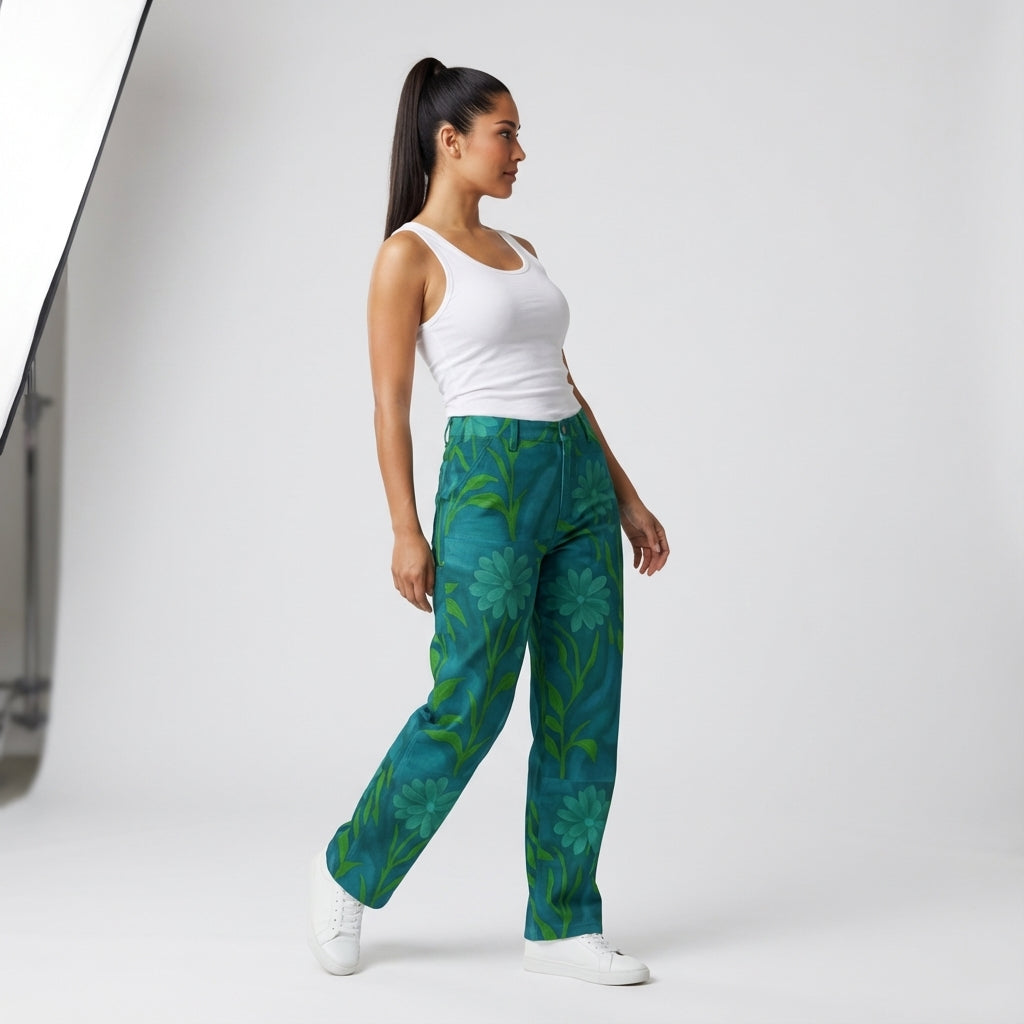 Carpenter Pants Teal Flowers