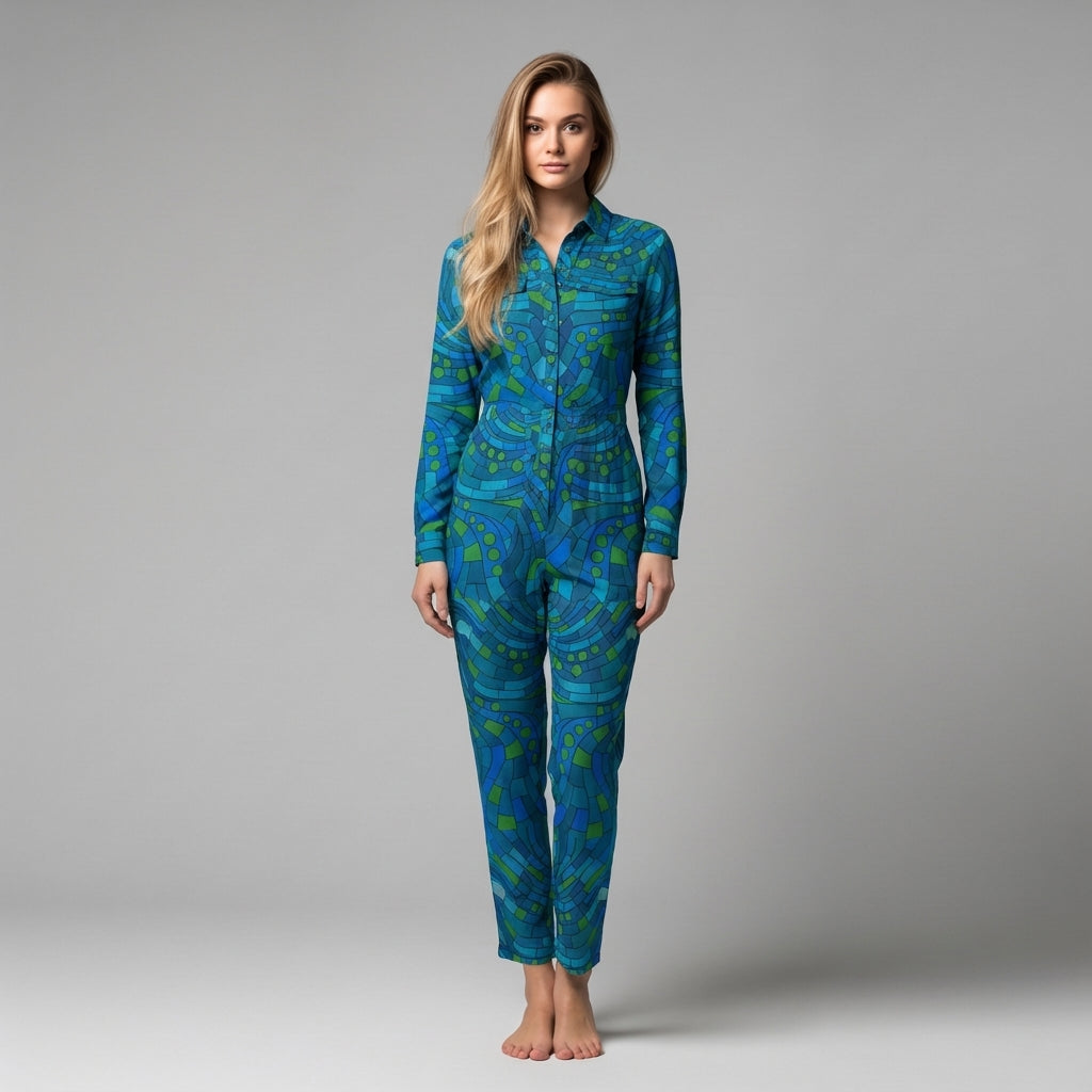Lightweight Button Front Jumpsuit Mosaic 10