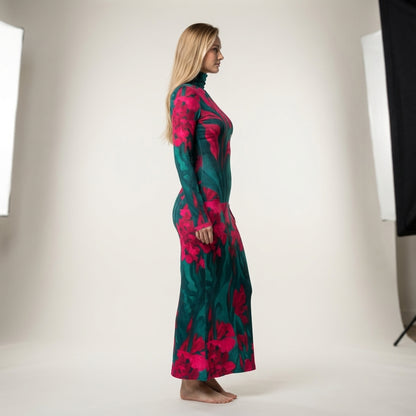 Sarong Maxi Turtleneck Body Con Dress Pink Flowers