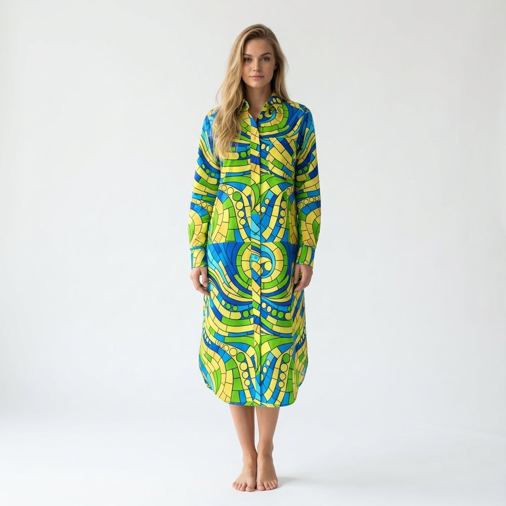 Long Sleeve Shirt Dress Mosaic 4
