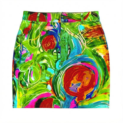 Denim Mini Skirt in Abstract Watercolor Print