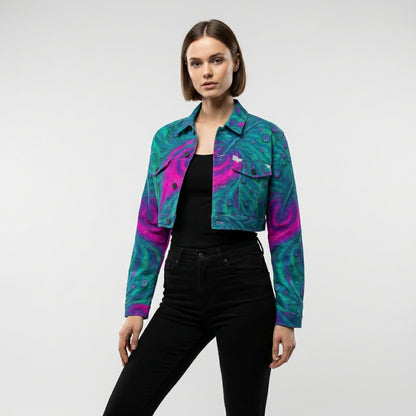 Cropped Jean Cotton Jacket Teal Peacock Feather