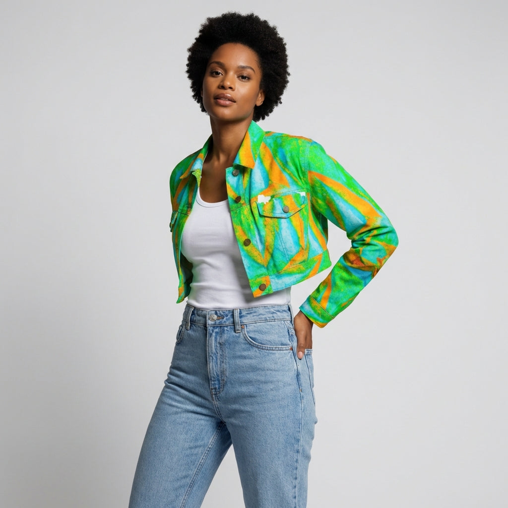 Cropped Jean Cotton Jacket Palm Tree Island