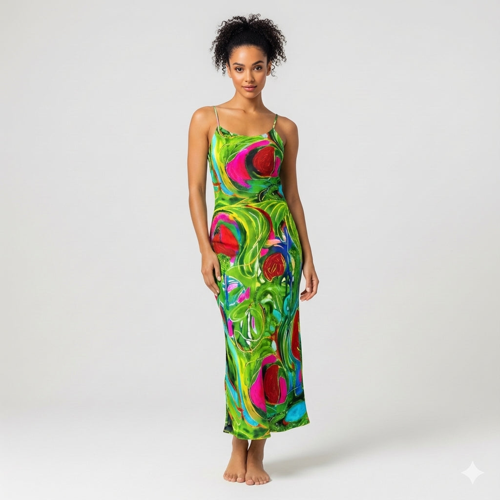 Bias Slip Dress Pink Water Lilies