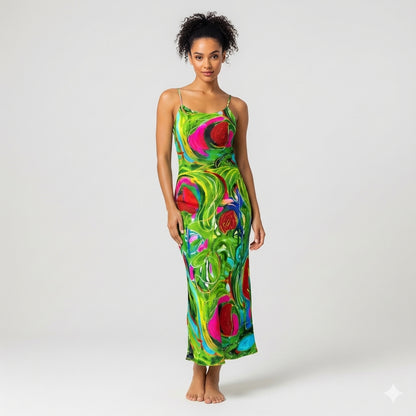 Bias Slip Dress Pink Water Lilies