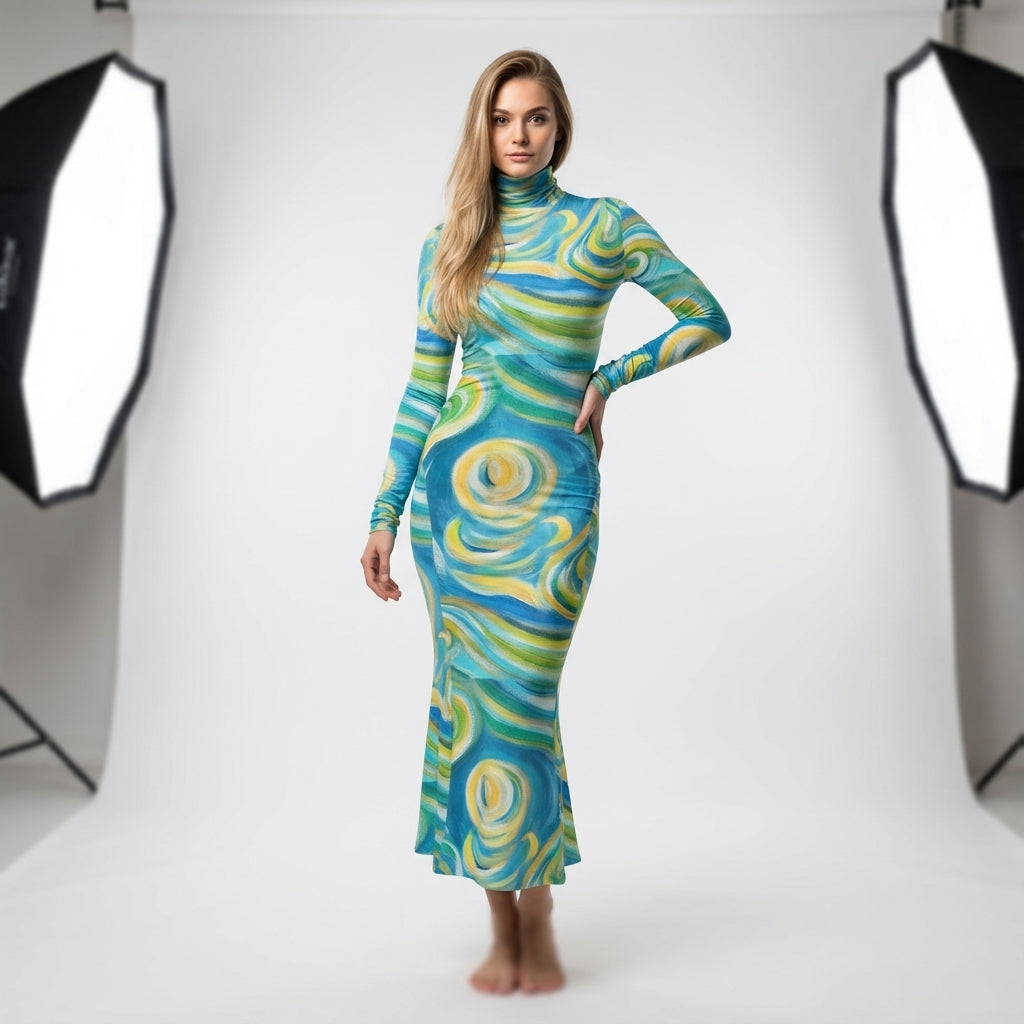 Sarong Maxi Turtleneck Body Con Dress Sea Swirls