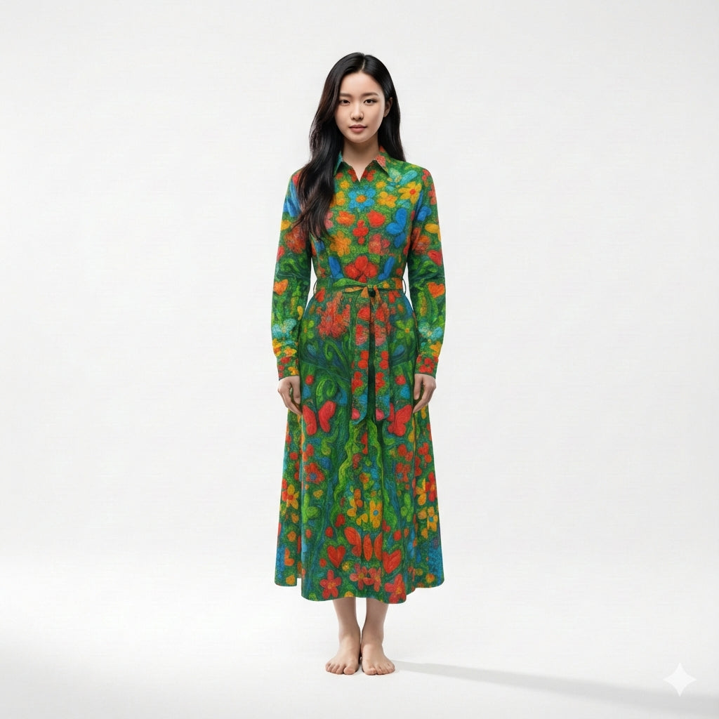 Button Front Shirt Dress Butterfly Flowers