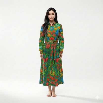 Button Front Shirt Dress Butterfly Flowers