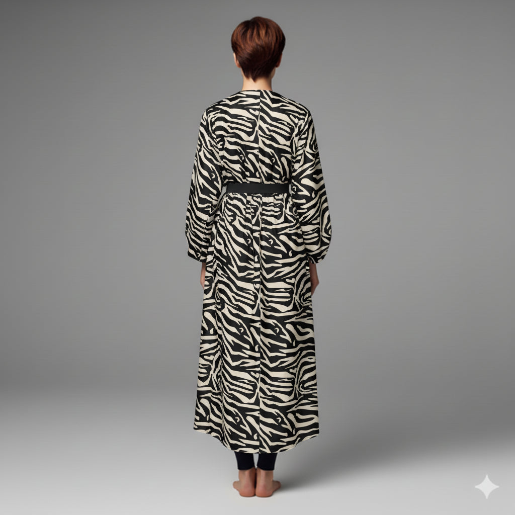 Kimono Sleeve Abaya in Ecovero Viscose Crepe – Black & Ivory Zebra Print