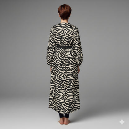 Kimono Sleeve Abaya in Ecovero Viscose Crepe – Black & Ivory Zebra Print