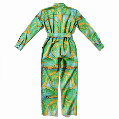 Lightweight Button Front Jumpsuit Palm Tree Island