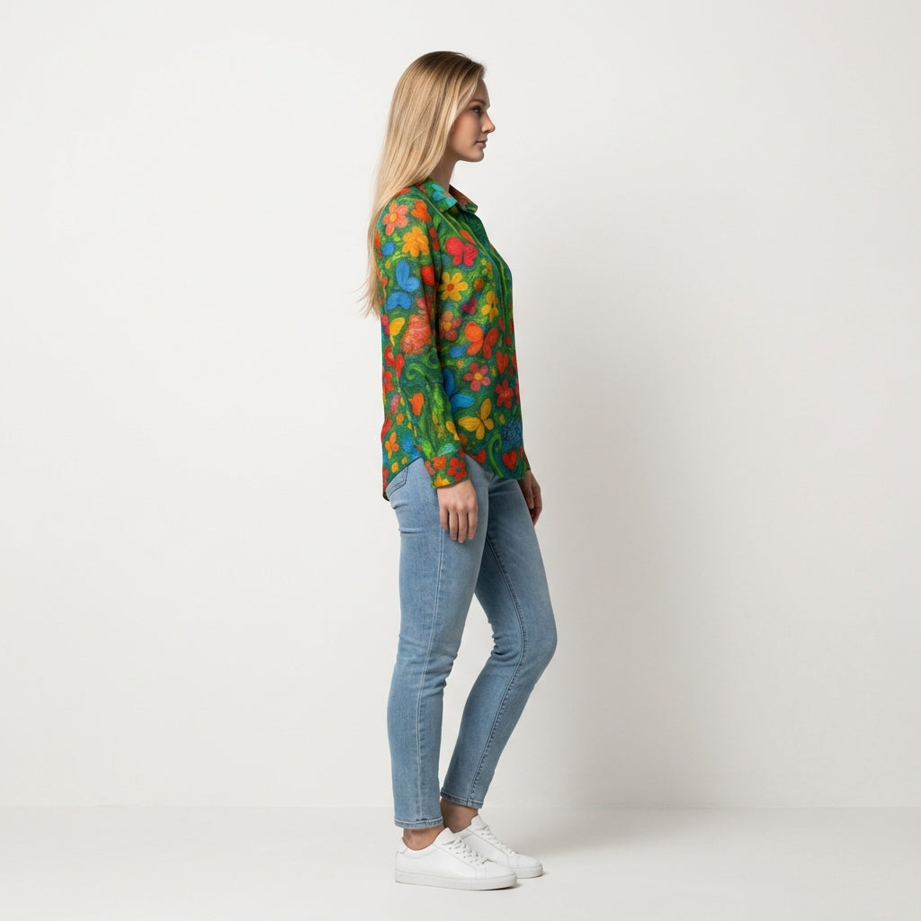 Button Front Shirt Butterfly Flowers