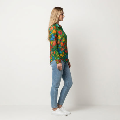 Button Front Shirt Butterfly Flowers