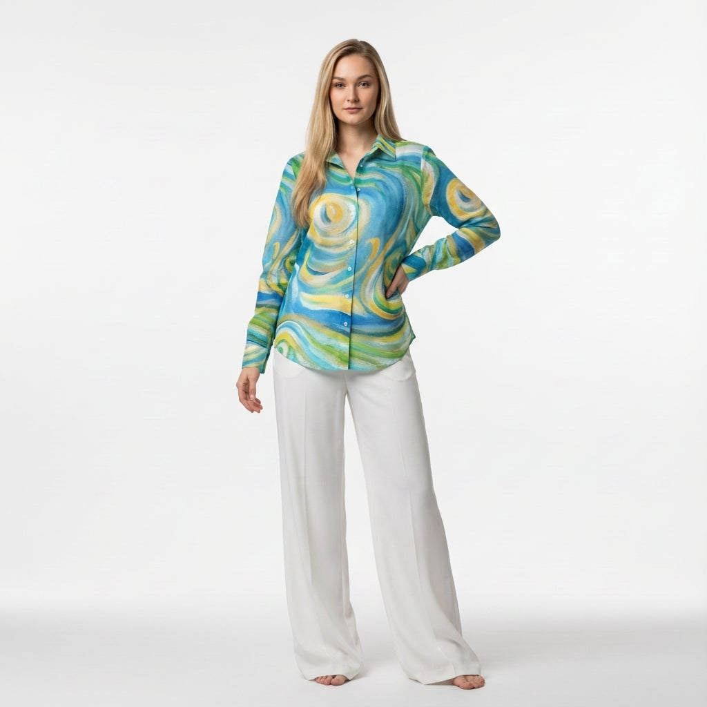 Women's Button Front Shirt Sea Swirls