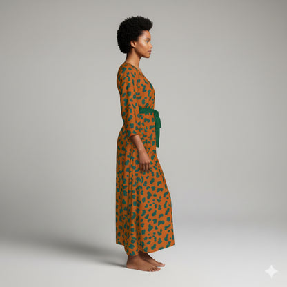 Ecovero Kimono-Sleeve Abaya: Orange & Green Micro-Print