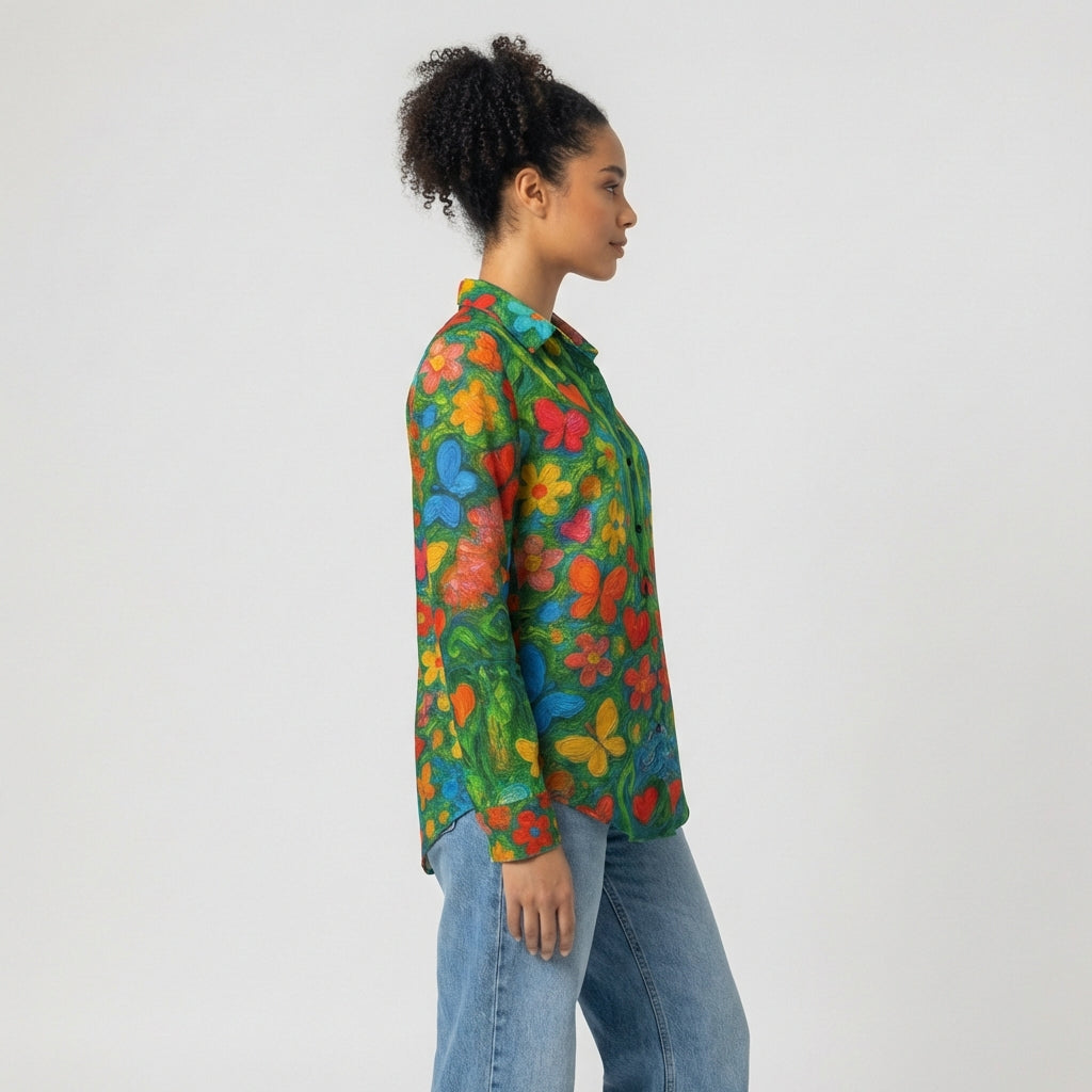 Button Front Shirt Butterfly Flowers