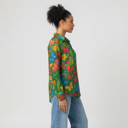Button Front Shirt Butterfly Flowers