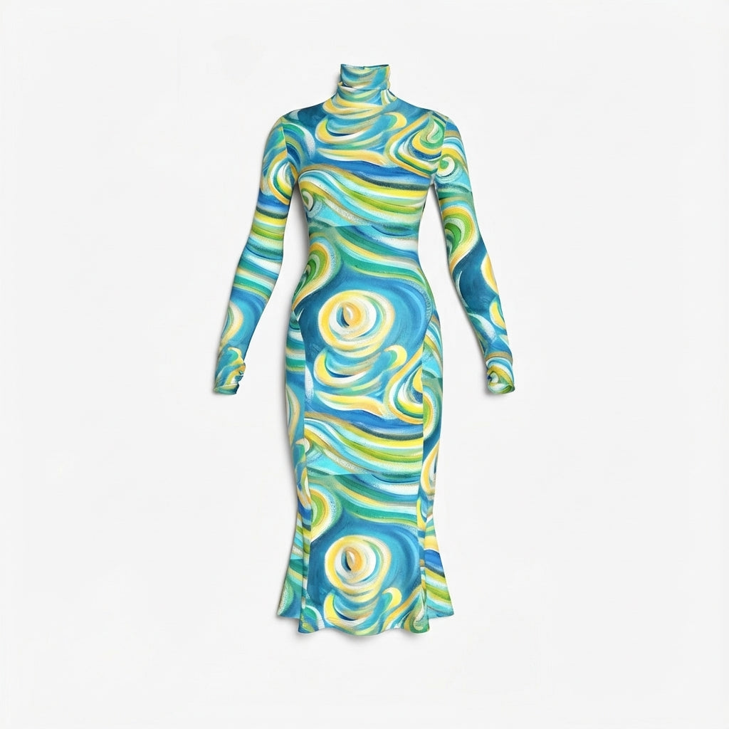 Sarong Maxi Turtleneck Body Con Dress Sea Swirls