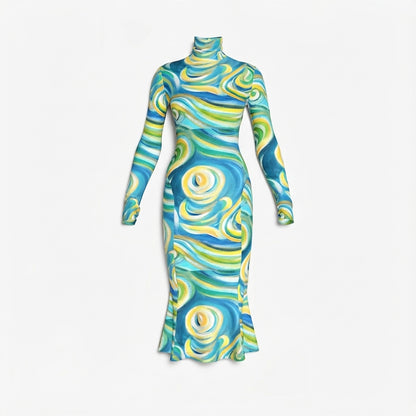 Sarong Maxi Turtleneck Body Con Dress Sea Swirls