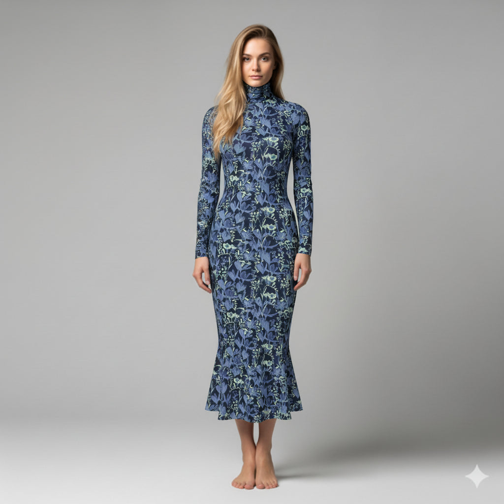 Turtleneck Body Con Dress in Blue Botanical Print