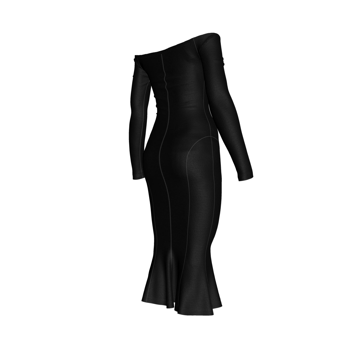 Off-Shoulder Dress with Side Contour Panels in Pure Black Cotton-Spandex Lightweight Jersey