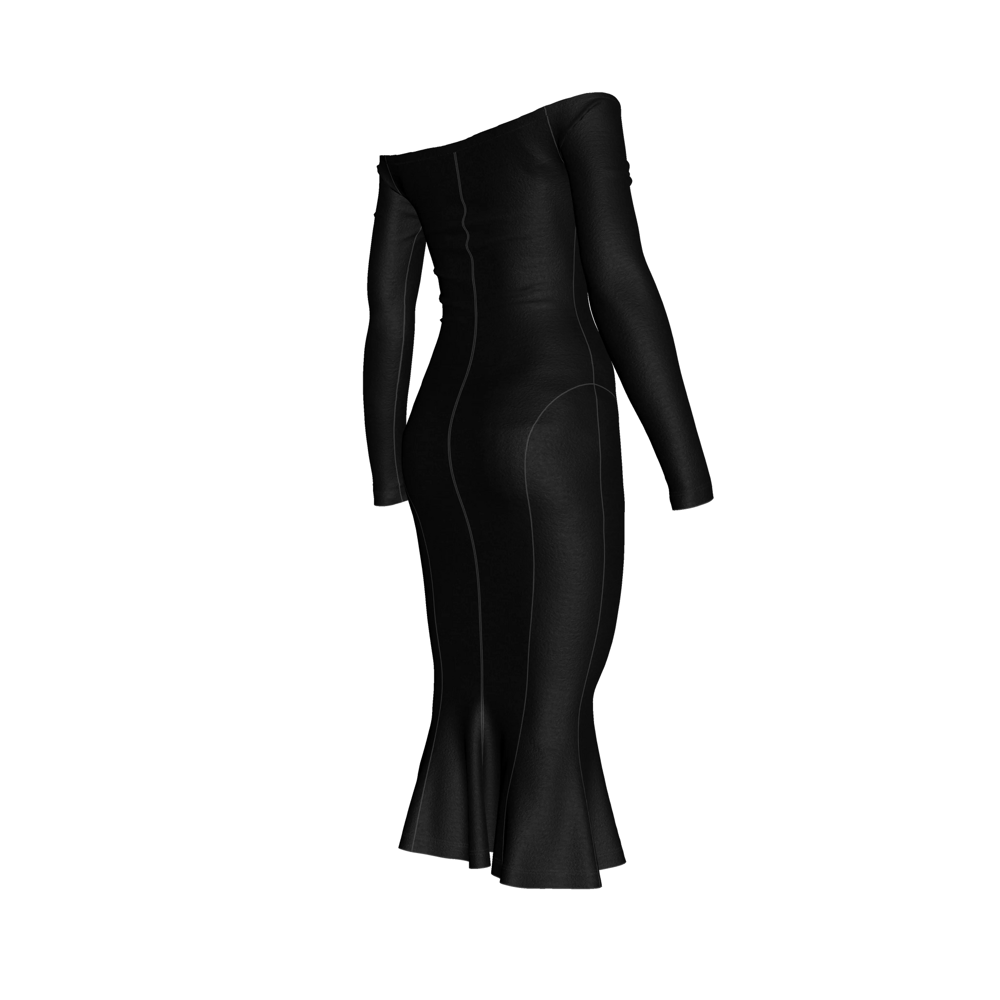 Off-Shoulder Dress with Side Contour Panels in Pure Black Cotton-Spandex Lightweight Jersey