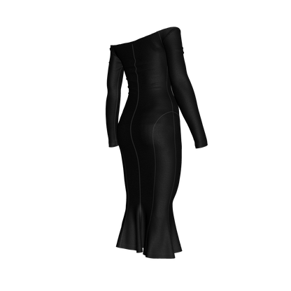 Off-Shoulder Dress with Side Contour Panels in Pure Black Cotton-Spandex Lightweight Jersey