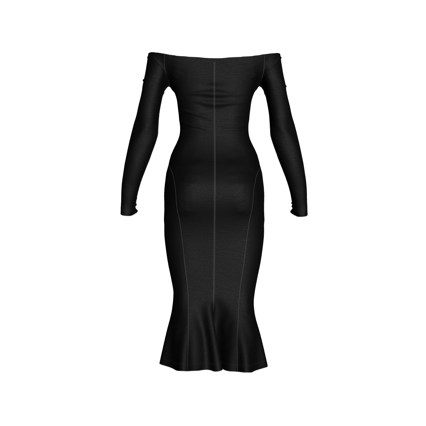 Off-Shoulder Dress with Side Contour Panels in Pure Black Cotton-Spandex Lightweight Jersey