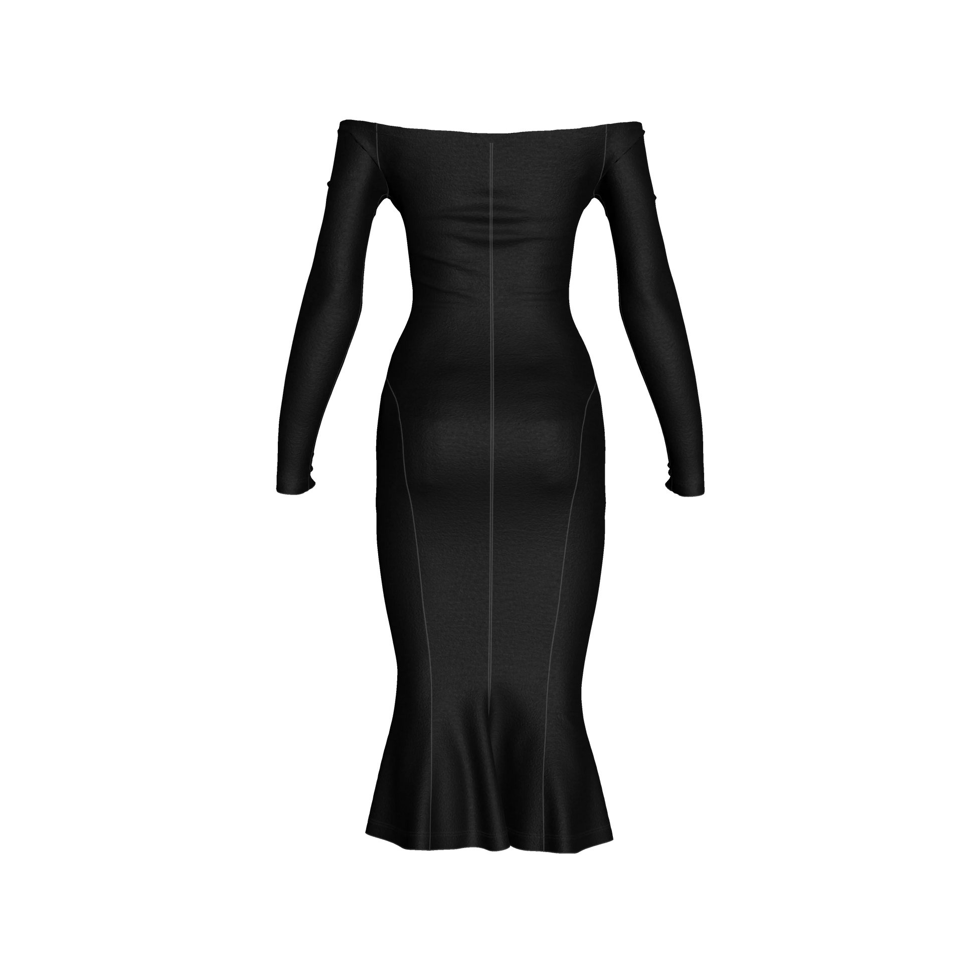 Off-Shoulder Dress with Side Contour Panels in Pure Black Cotton-Spandex Lightweight Jersey