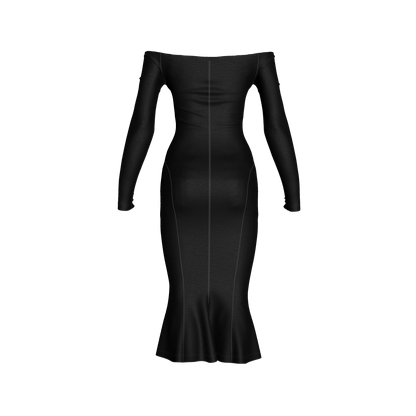 Off-Shoulder Dress with Side Contour Panels in Pure Black Cotton-Spandex Lightweight Jersey