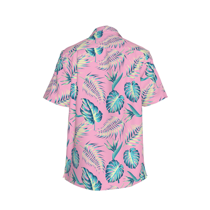 Pink Tropical Leaf Camp Collar/Bowling Shirt – Organic Cotton Twill